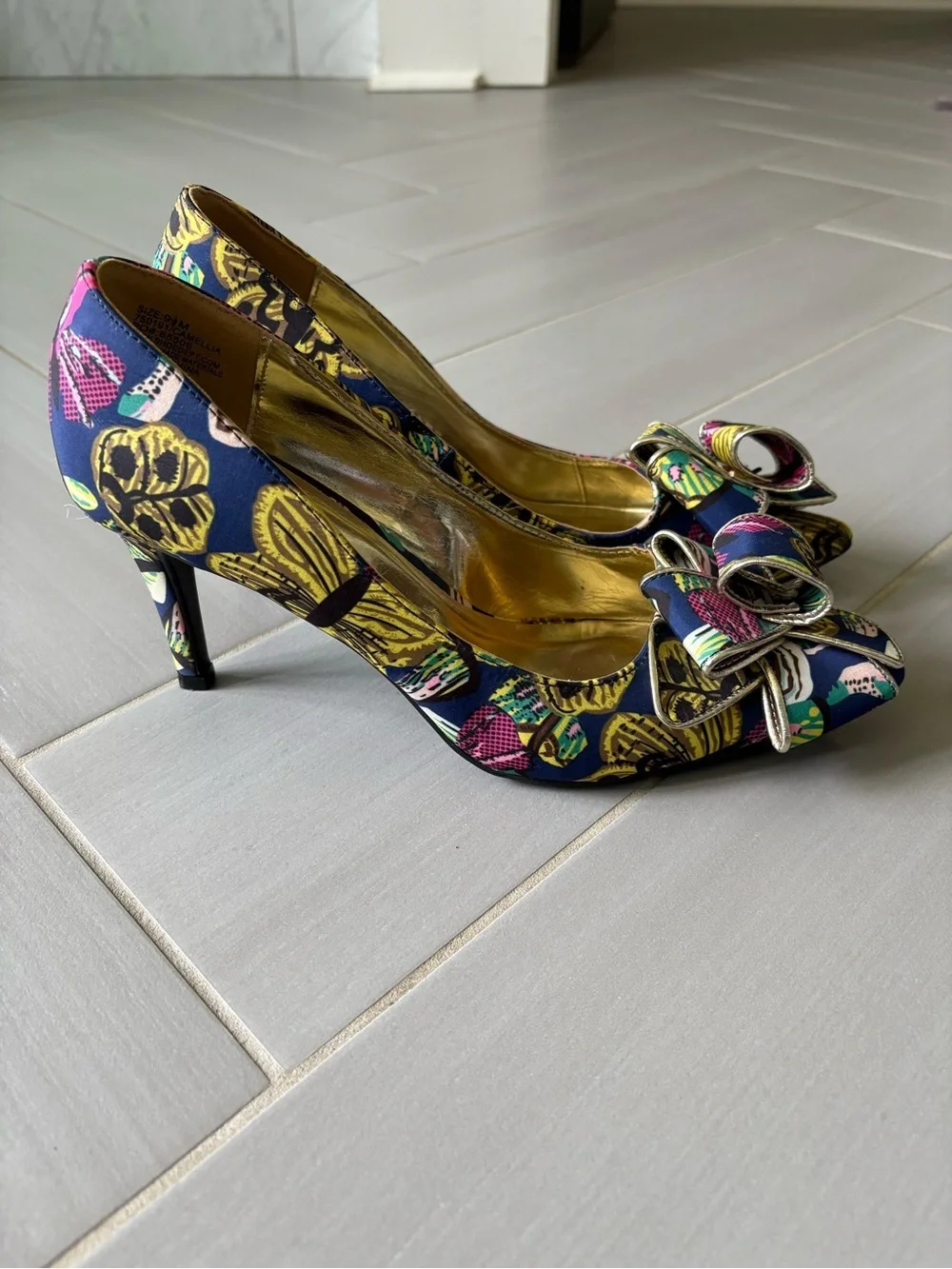Navy Multicolor Printed Heels with Bow Accent